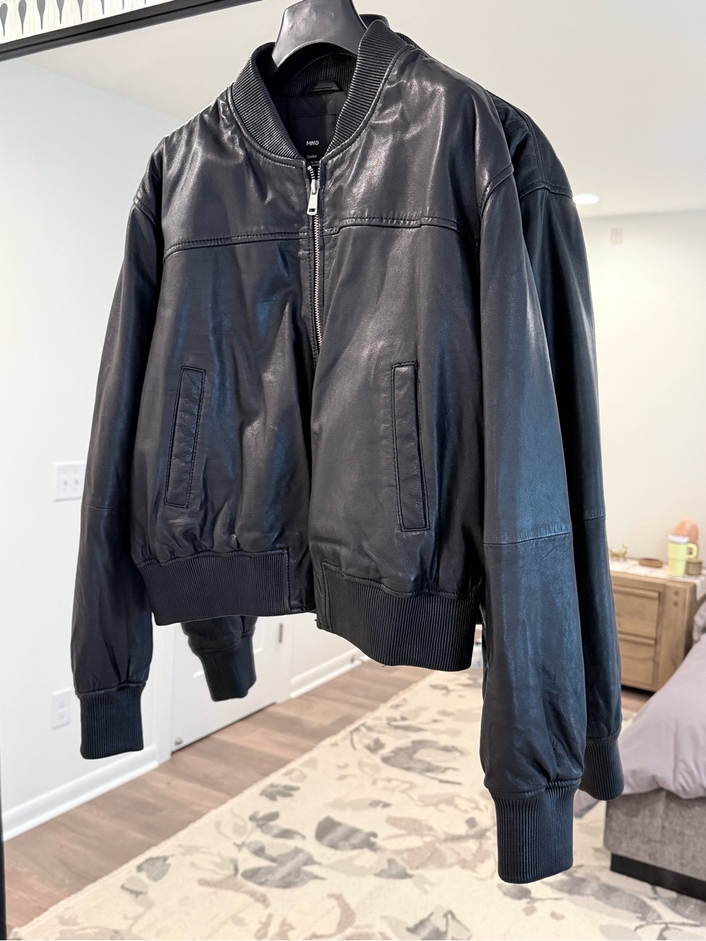 Mango - Women’s Black Leather Bomber Jacket